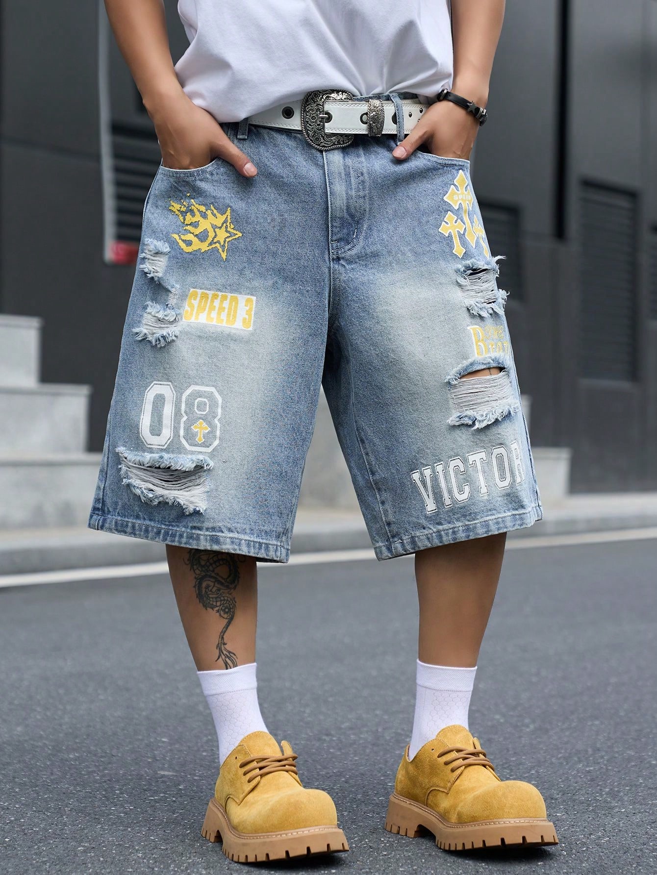 Street Fashion Art - Pantalones cortos de mezclilla holgados para